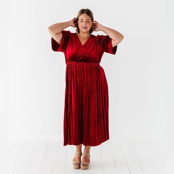 Polagram Dresses & Skirts - NWT Noelle Red Velvet Midi Dress | Pleated, V-Neck, A-Line | Women’s Plus 2X
